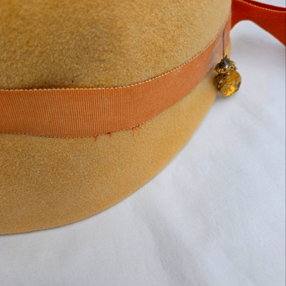Vtg. Ecquisite Cloche Hat of Golden Tan Velvet or Suede W/Embellishments - Picture 8 of 9